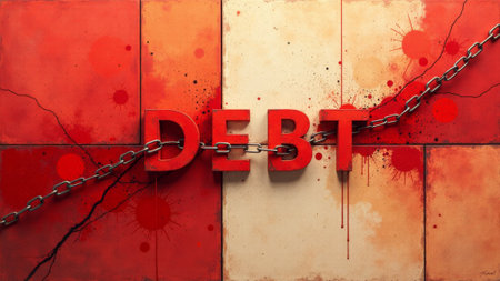Bright and bold letters spelling out debt are shackled by a heavy chain, surrounded by splashes of red and textured surfaces, conveying emotions tied to financial challenges.の素材