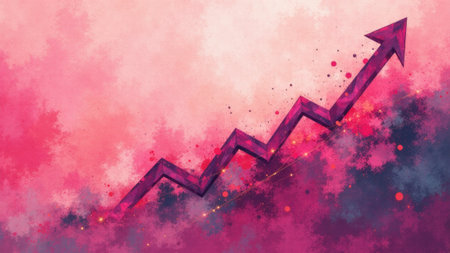 A dynamic representation of upward movement with an energetic zigzagging line against a colorful gradient background, embodying ambitions and aspirations in a creative, artistic style.の素材