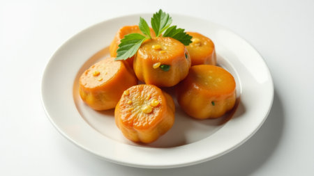 Six round pieces of pumpkin pudding rest elegantly on a pristine white plate, their bright orange color highlighted by a sprig of fresh green.の素材