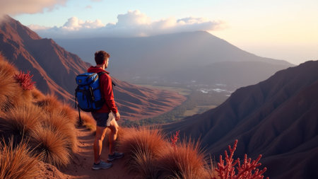 A hiker stands on a rugged mountain ridge, gazing at the vast expanse of crimson hills and distant volcanoes as the warm hues of sunset cast a magical glow over the landscape.の素材