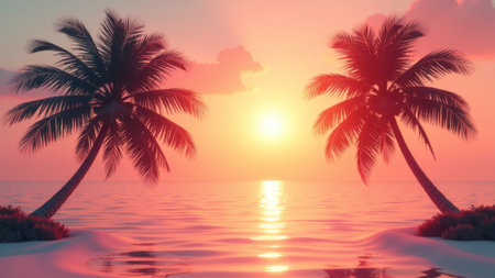 A breathtaking sunset paints the sky in hues of pink and orange as two palm trees frame the view. Gentle waves lap at the shore, creating a tranquil atmosphere at evening.の素材