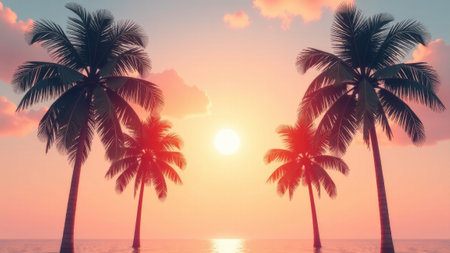A breathtaking sunset paints the sky in hues of pink and orange as two palm trees frame the view. Gentle waves lap at the shore, creating a tranquil atmosphere at evening.の素材