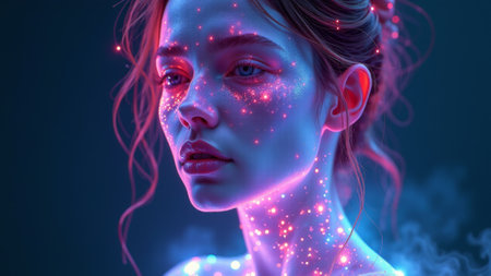 In a surreal environment, a young woman captivates with luminous eyes and a delicate expression, surrounded by shimmering particles that enhance the enchanting atmosphere.の素材