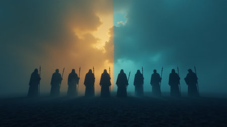 Silhouetted against a rising sun, cloaked figures hold spears while emerging from swirling fog. The ethereal atmosphere hints at an epic tale unfolding in this otherworldly realm.の素材