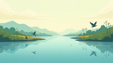 Soft hues blanket the landscape as a tranquil river meanders between lush hills. Birds flock across the sky, celebrating the beauty of nature during the golden hour of dusk.の素材