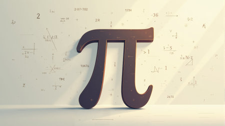 A large, stylized symbol of Pi stands against a softly lit background filled with mathematical equations.の素材