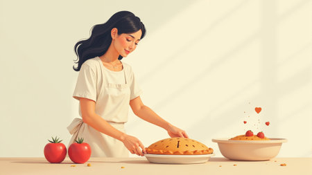 In a sunlit kitchen, a woman skillfully prepares a pie, adding fresh strawberries and heart-shaped toppings. Ripe tomatoes sit nearby, highlighting her love for homemade cooking.の素材