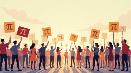 Under a vibrant sunset, a passionate group of students gather, holding signs with the symbol pi. Their enthusiasm fills the air, reflecting a commitment to mathematics and community spirit.の素材