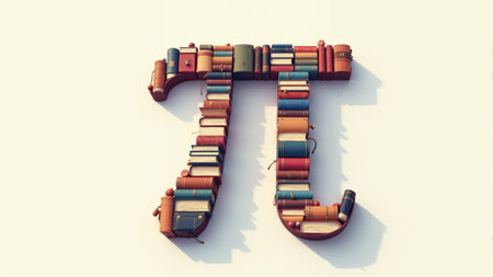A striking display showcases the mathematical symbol for pi, crafted from an assortment of colorful books. The vibrant arrangement creates a whimsical yet educational focus perfect for any setting.の素材
