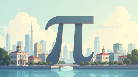 Amidst the rising sun, a large pi symbol stands tall above a picturesque river, flanked by modern skyscrapers.の素材