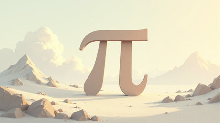 In a tranquil mountain setting, a massive pi symbol stands majestically against peaks, blending nature with mathematics.の素材