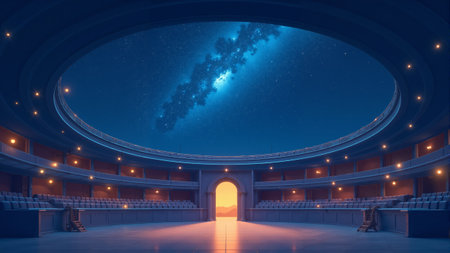 Beneath a vast starry sky, a magnificent dome structure stands serene, bathed in warm light. Two figures admire the beauty, surrounded by gentle trees. The atmosphere feels magical and timeless.の素材