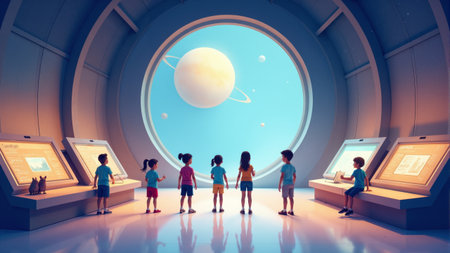 Exploring distant worlds in a futuristic research hub beneath a grand celestial backdropの素材