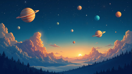 Cosmic wonder with vibrant planets and serene mountain landscape at duskの素材