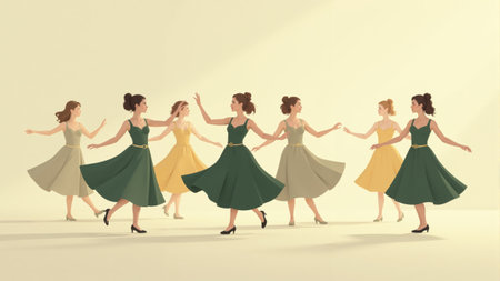 Elegant dancers twirl gracefully in a warm, sunlit atmosphere creating a magical momentの素材