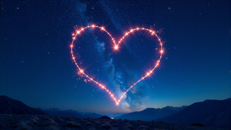 A vibrant heart-shaped pattern of glowing sparks illuminates the dark sky, surrounded by a breathtaking view of mountains. Stars twinkle, creating a romantic and enchanting atmosphere.の素材
