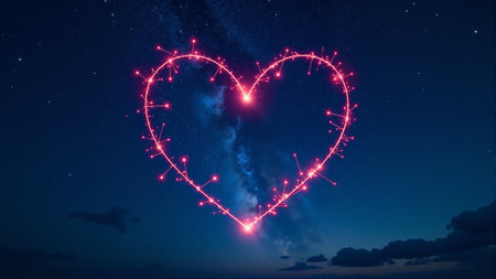 A vibrant heart-shaped pattern of glowing sparks illuminates the dark sky, surrounded by a breathtaking view of mountains. Stars twinkle, creating a romantic and enchanting atmosphere.の素材