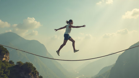 A man confidently balances on a slackline stretched between mountainous terrains, embracing the sunset. His outstretched arms capture the essence of freedom and adventure in the serene landscape.の素材