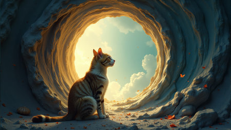 A playful tabby cat sits near a rocky opening, captivated by a swirling, glowing vortex. Soft light shines through, creating an enchanting atmosphere filled with wonder and curiosity.の素材