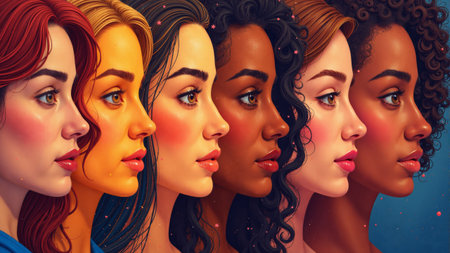 A vibrant display showcases women from various ethnicities, each with unique features and hairstyles.の素材