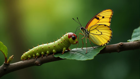 A bright green caterpillar gazes curiously at a stunning yellow butterfly perched nearby.の素材