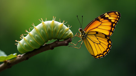 A bright green caterpillar gazes curiously at a stunning yellow butterfly perched nearby.の素材