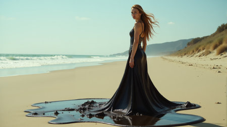 On a tranquil beach, a figure stands gracefully by the waves, her black gown blending with a swirl of dark substance.の素材