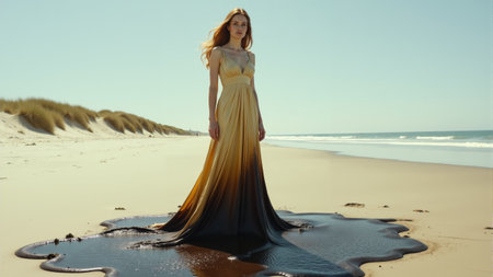 On a tranquil beach, a figure stands gracefully by the waves, her black gown blending with a swirl of dark substance.の素材
