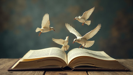 A magical moment unfolds as four white birds soar from the pages of an open book. The enchanting atmosphere is enhanced by a soft glow and shimmering sparkles that illustrate creativity.の素材