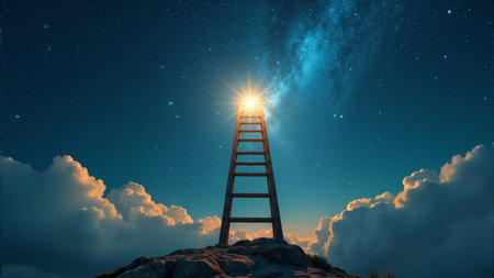 Standing on a rocky summit, a figure climbs a luminous ladder towards a radiant star. The night sky bursts with brilliant colors, inspiring awe and wonder as the horizon glows softly.の素材