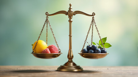 A stunning scale displays vibrant fruits on one side and colorful vegetables on the other, highlighting nature's bounty in a beautiful balance of health and flavor.の素材