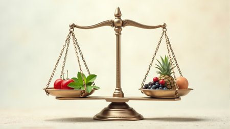 A stunning scale displays vibrant fruits on one side and colorful vegetables on the other, highlighting nature's bounty in a beautiful balance of health and flavor.の素材