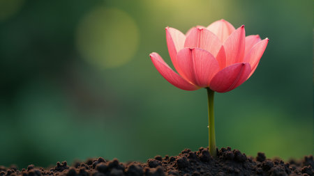 A stunning lotus flower opens its delicate pink petals to the sunlight, showing vibrant colors against a soft green background. Fresh soil supports its growth, inviting tranquility and beauty.の素材