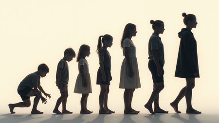 Silhouettes of individuals depict a visual narrative of evolution, showing various ages and stages in a seamless progression. This artwork invites reflection on the passage of time and identity.の素材