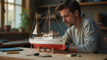 Dedicated artisan meticulously assembles a miniature ship in a warm workshop, capturing the golden glow of sunset as natural light filters through, showcasing his skill and attention to detail.の素材