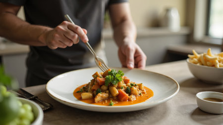 In a warm kitchen, a chef skillfully arranges a colorful pasta dish adorned with fresh herbs. Sunlight filters through the windows, highlighting the culinary artistry.の素材