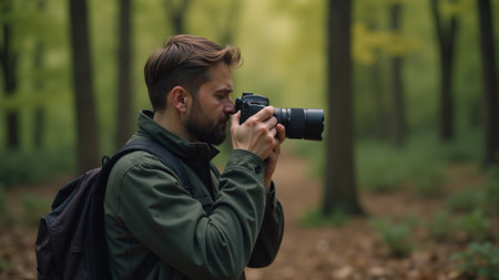 A passionate photographer stands in a lush green forest, intently focusing on his camera. The early morning light filters through the trees, creating a tranquil atmosphere.の素材