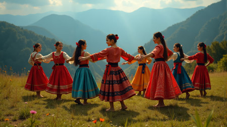 Under a bright sky, festive dancers adorned in colorful attire twirl gracefully in a lush green landscape. Their joyful expressions reflect the rich heritage and community spirit of the region.の素材
