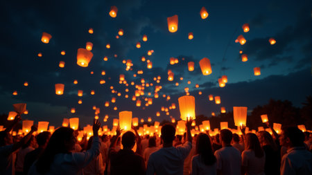 Participants enthusiastically raise their hands, releasing a myriad of glowing lanterns into the darkening sky.の素材