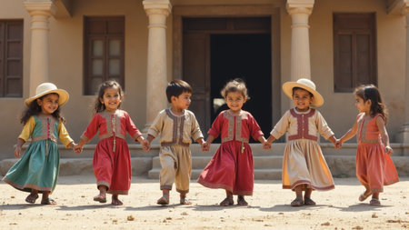 A group of six children strides towards a magnificent historical building with grand columns. Dressed in traditional attire, their expressions display a mix of joy and curiosity on a sunny day.の素材