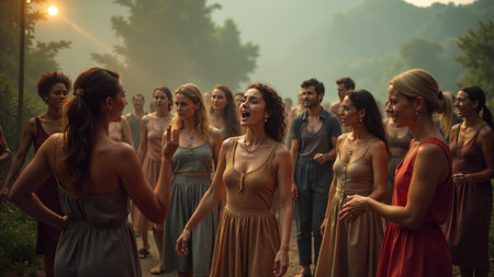 A lively gathering unfolds in the fading light, featuring a diverse group of individuals dressed in flowing garments.の素材