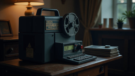 A classic tape recorder sits on a wooden shelf, sunlight gently illuminating its vintage design. This relic of music history inspires reflections on the art of recording and sharing sounds.の素材