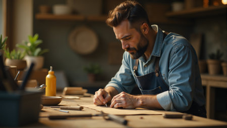 A man focused on his woodworking craft sits at a table in a warm, sunlit workshop. Surrounded by tools and plants, he meticulously shapes a wooden object with dedication and care.の素材