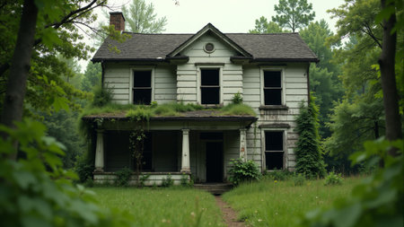 A weathered wooden house, surrounded by lush greenery, basks in the soft glow of the evening sun. Nature reclaims the space as vines creep up the walls, lending an air of mystery.の素材