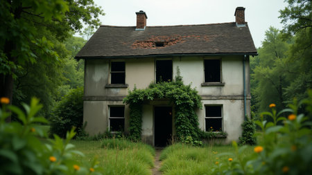 A weathered wooden house, surrounded by lush greenery, basks in the soft glow of the evening sun. Nature reclaims the space as vines creep up the walls, lending an air of mystery.の素材