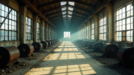 Dusty rays of light filter through shattered windows of an abandoned factory, illuminating rows of rusted machinery. Shadows stretch across the worn floor, echoing silence and history.の素材