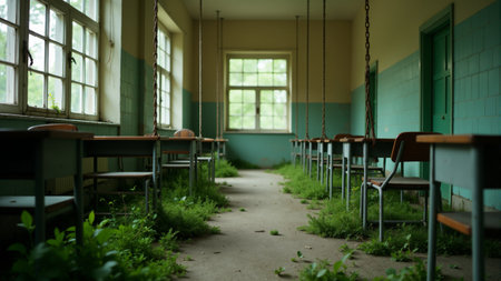 Rows of dusty desks stand silent in a classroom where nature has reclaimed the space. Greenery sprouts through the cracked floor, hinting at the passage of time and the mysteries left behind.の素材