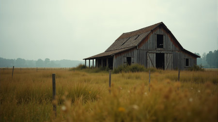 A weathered barn with a rusty roof sits solitary amidst tall, golden grass on a tranquil morning. The atmosphere is thick with fog, creating a haunting yet serene landscape.の素材