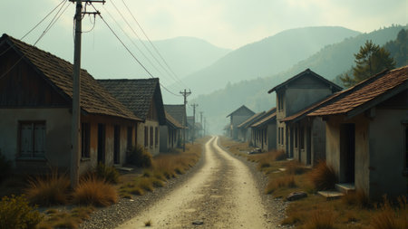 A remote village trail stretches through an abandoned area lined with old houses, surrounded by misty mountains and overgrown grass, evoking a sense of nostalgia and tranquility.の素材