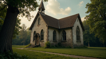 Nestled in a tranquil landscape, the charming stone chapel glows softly as the sun sets, casting warm shadows among the trees. Wildflowers and lush grass frame this picturesque scene.の素材